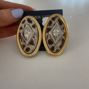 Vintage silver and gold, leopard print fur clip on earrings